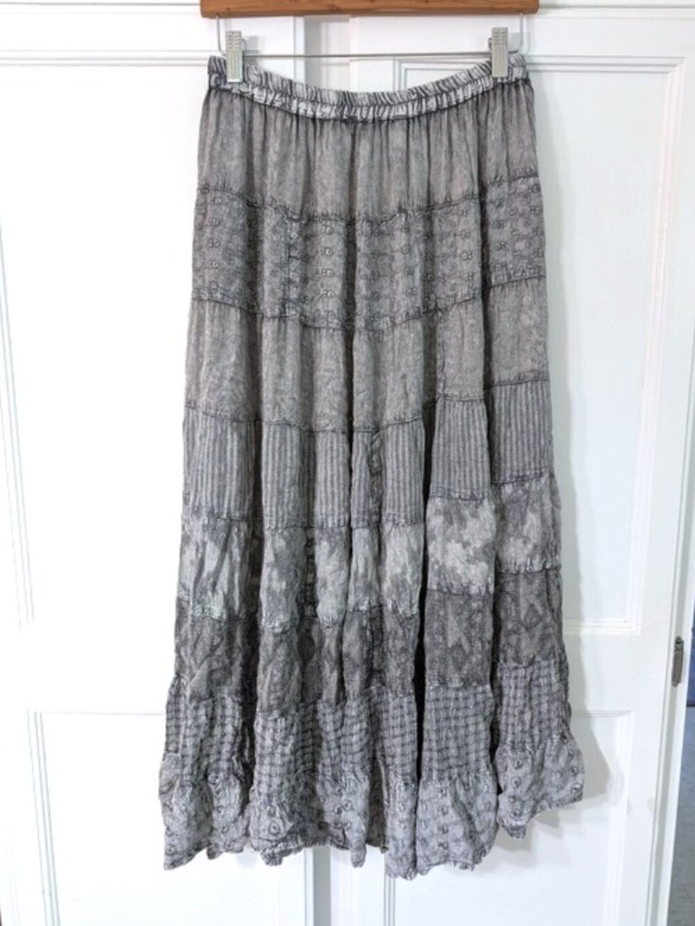 Sacred Threads Gray Tiered Maxi Skirt with Patchwork Texture M - Picture 4 of 6